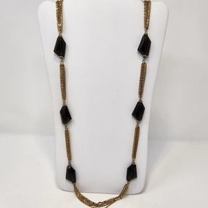 Chicos Gold Tone Multi Chain Long Necklace Smoky Gray Bead Costume Jewelry